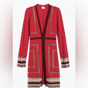 CHICOS Red Drama Trim Reba Cardigan Sz 1 Medium Cotton Embellished Fringe Trim